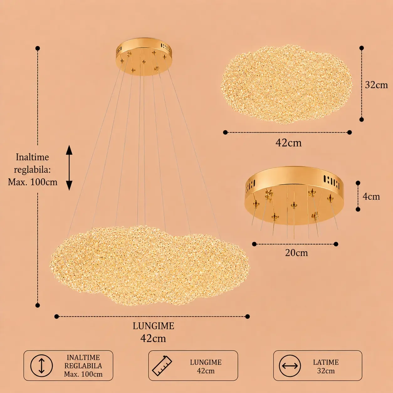 Celia-lustra led norisor aurie cu pietre de cristal