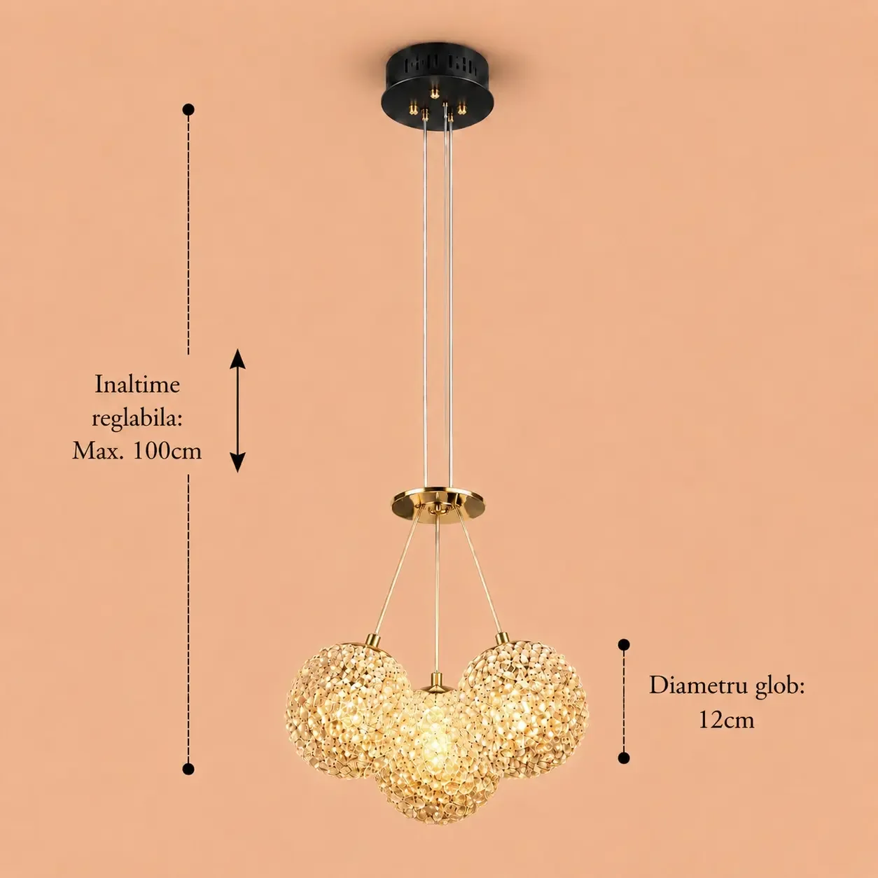 Celia-lustra led aurie cu 3 bile de cristal