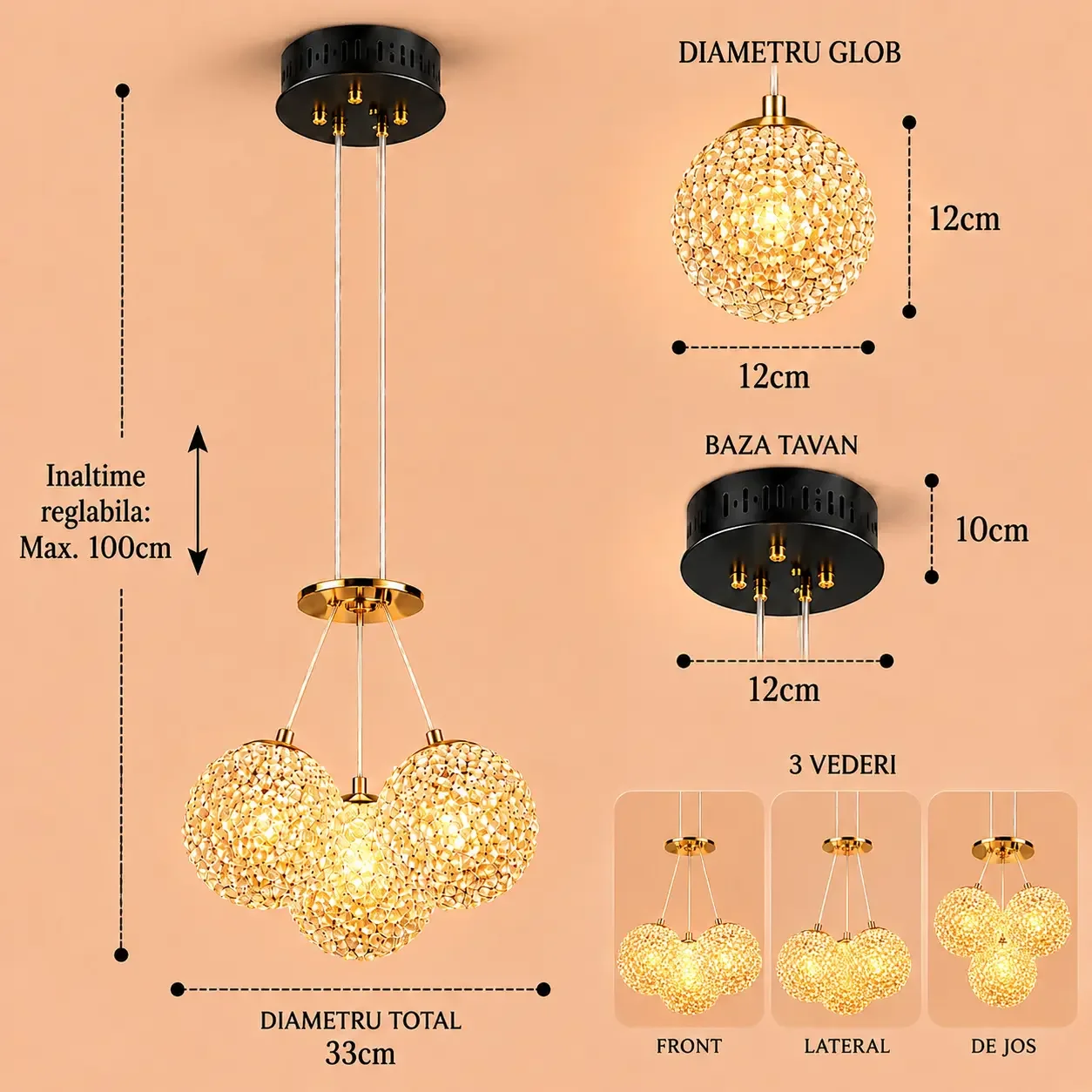 Celia-lustra led aurie cu 3 bile de cristal