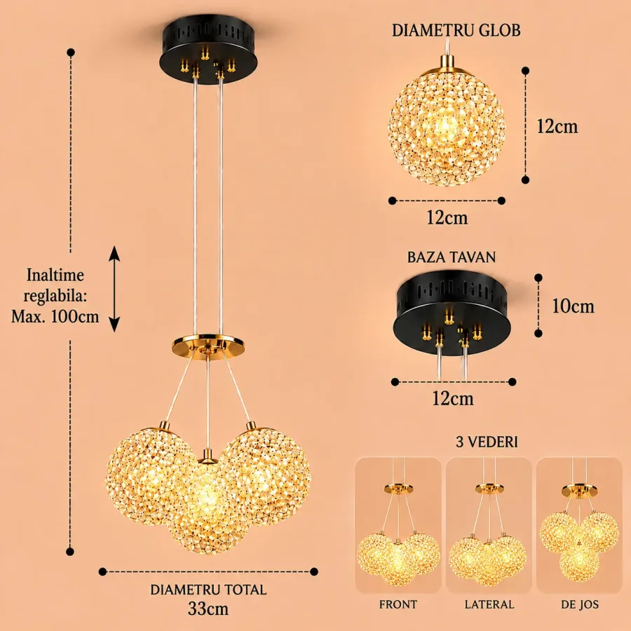 Celia-lustra led aurie cu 3 bile de cristal