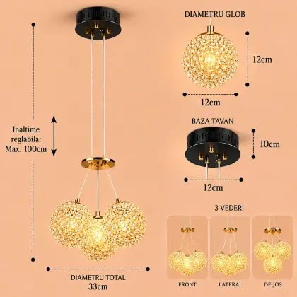 Celia-lustra led aurie cu 3 bile de cristal