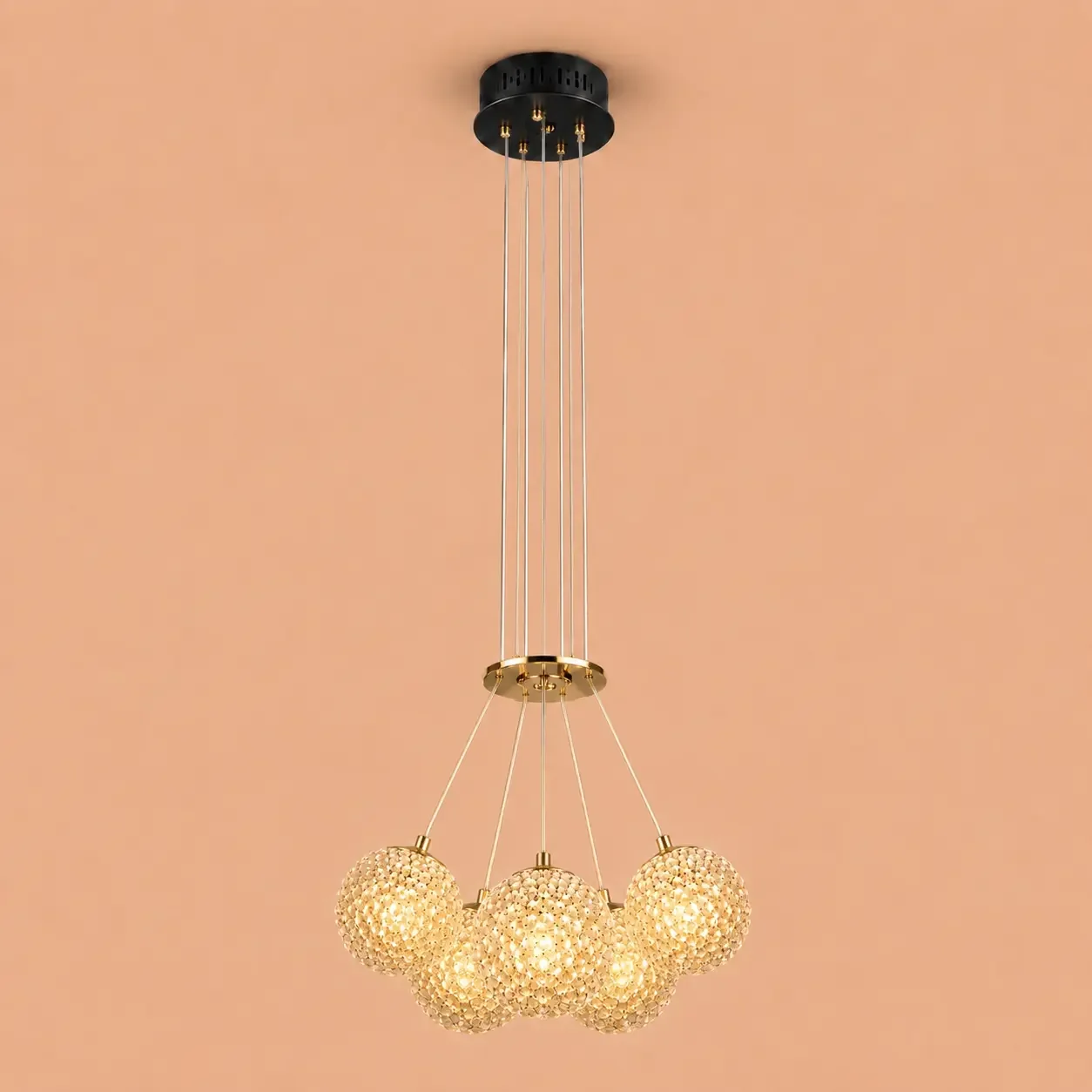 Celia-lustra led aurie cu 5 bile de cristal