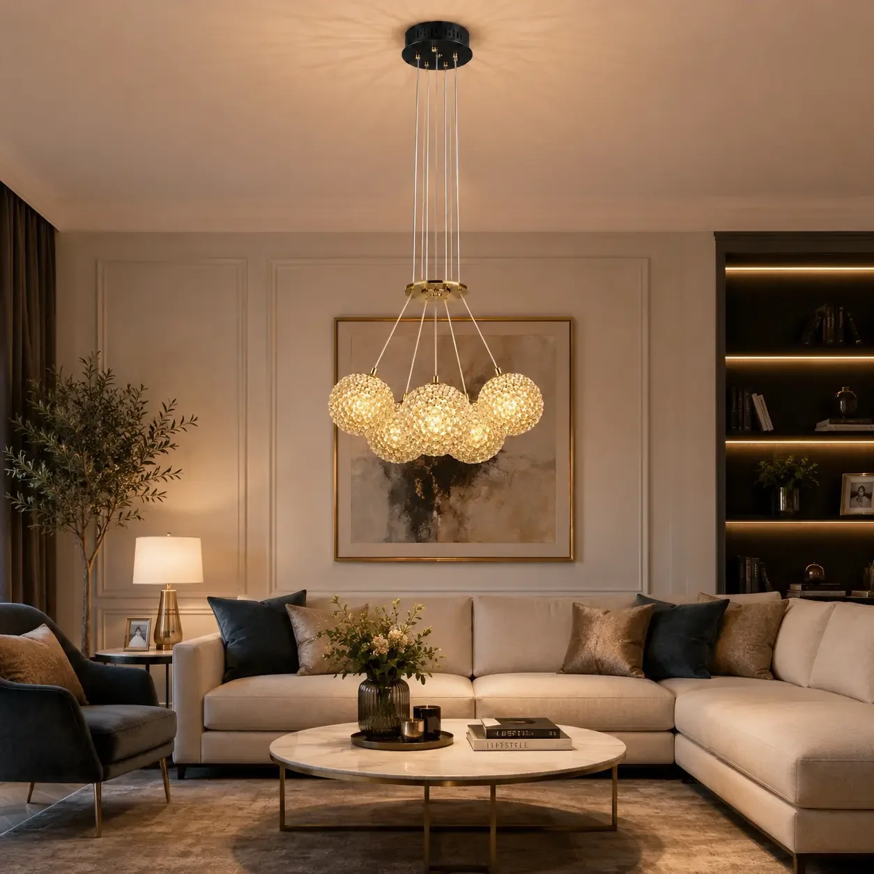 Celia-lustra led aurie cu 5 bile de cristal