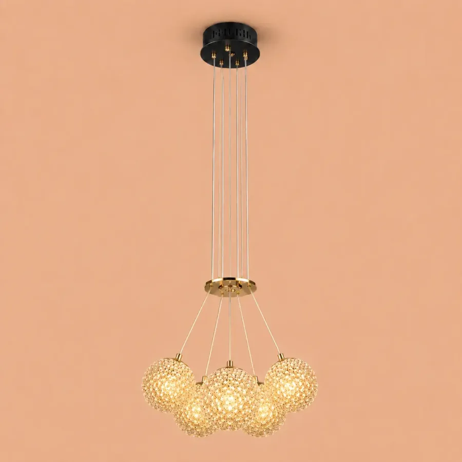 Celia-lustra led aurie cu 5 bile de cristal