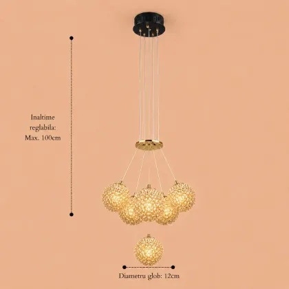 Celia-lustra led aurie cu 5 bile de cristal