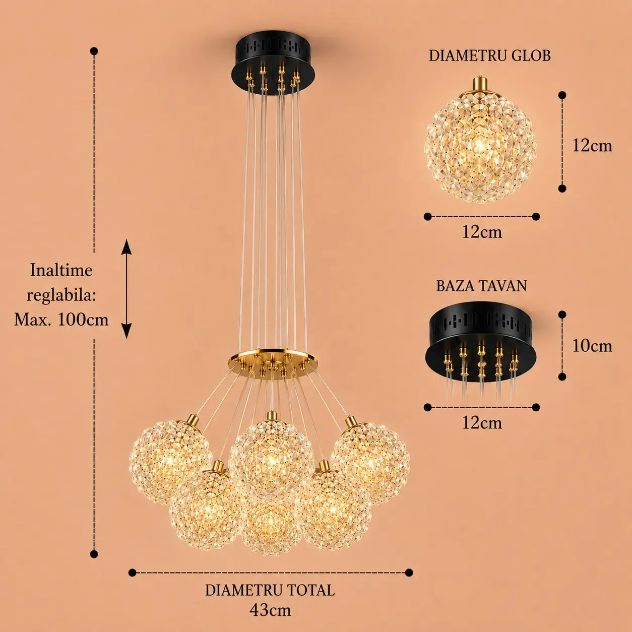 Celia-lustra led aurie cu 7 bile de cristal