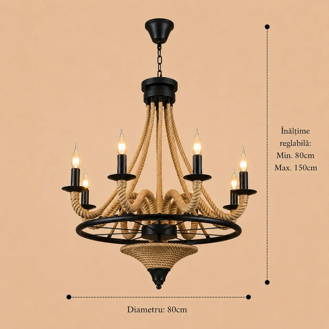 Dune-lustra rustica 8 becuri cu funie