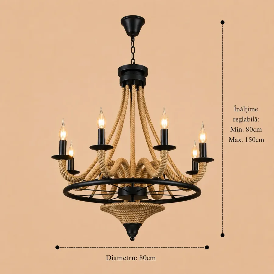 Dune-lustra rustica 8 becuri cu funie