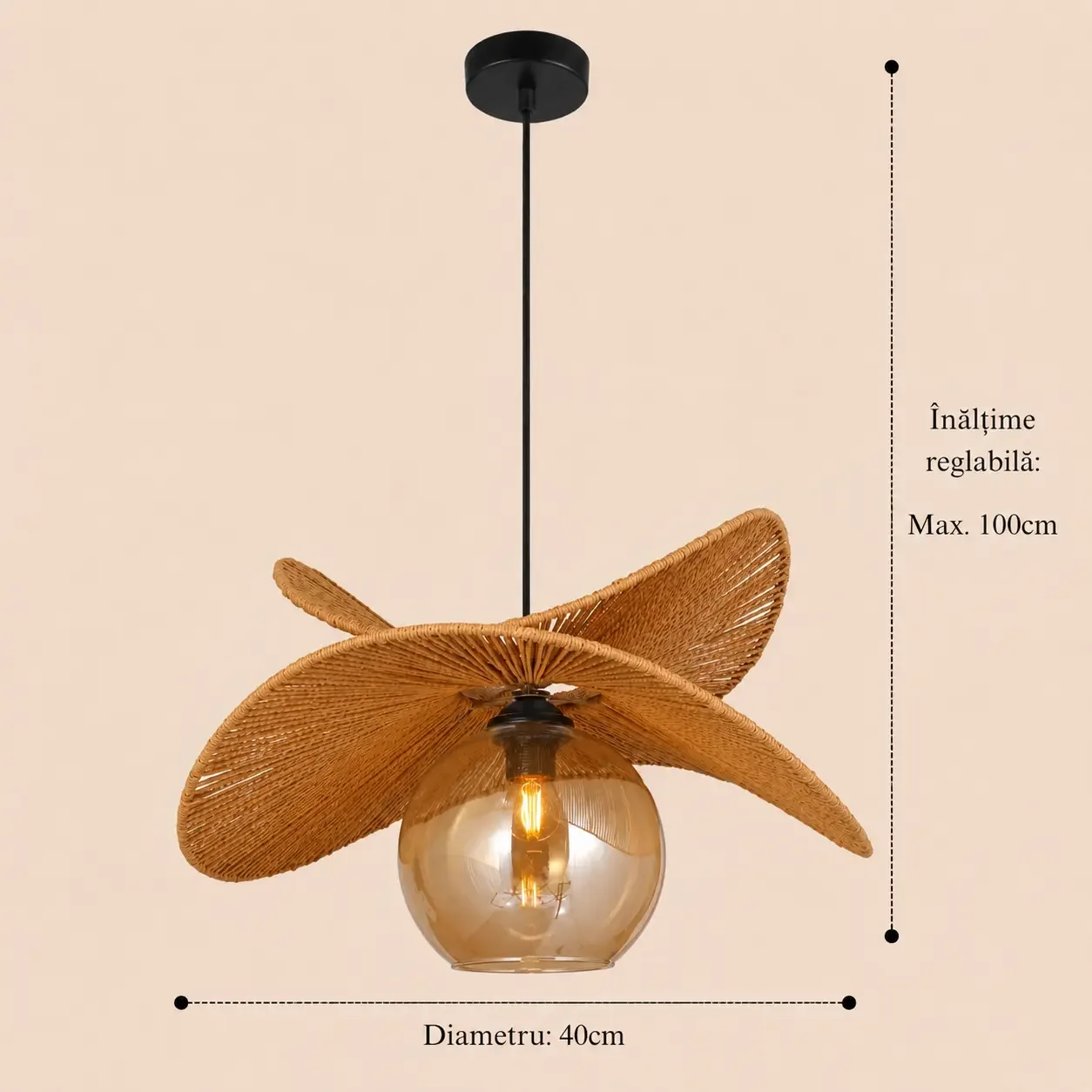 Terra-pendul din ratan cu glob de sticla Diam.40cm