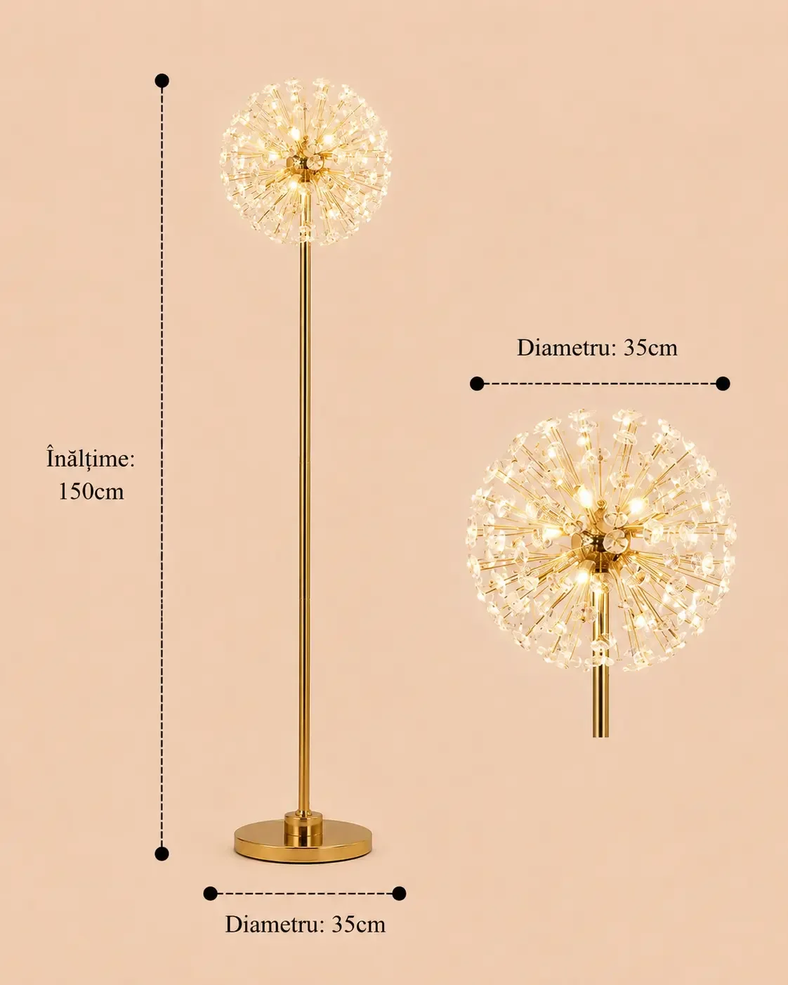 Elira-lampadar auriu elegant cu cristale si 8 becuri