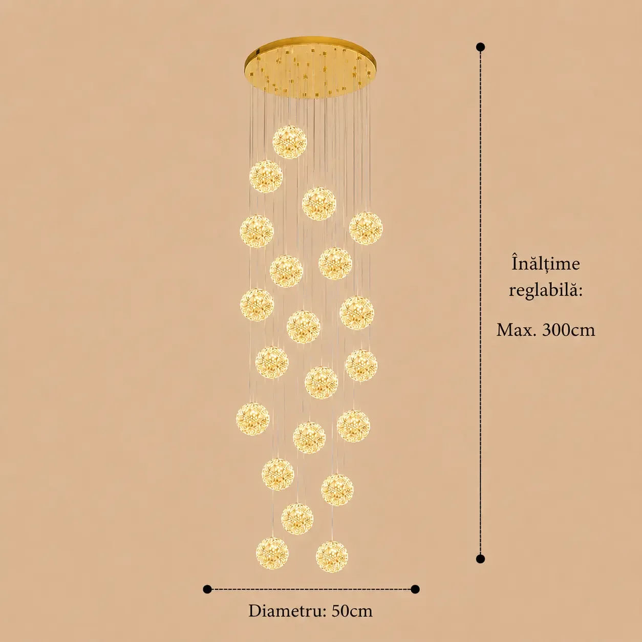 Celia-candelabru led auriu cu 20 bile de cristal