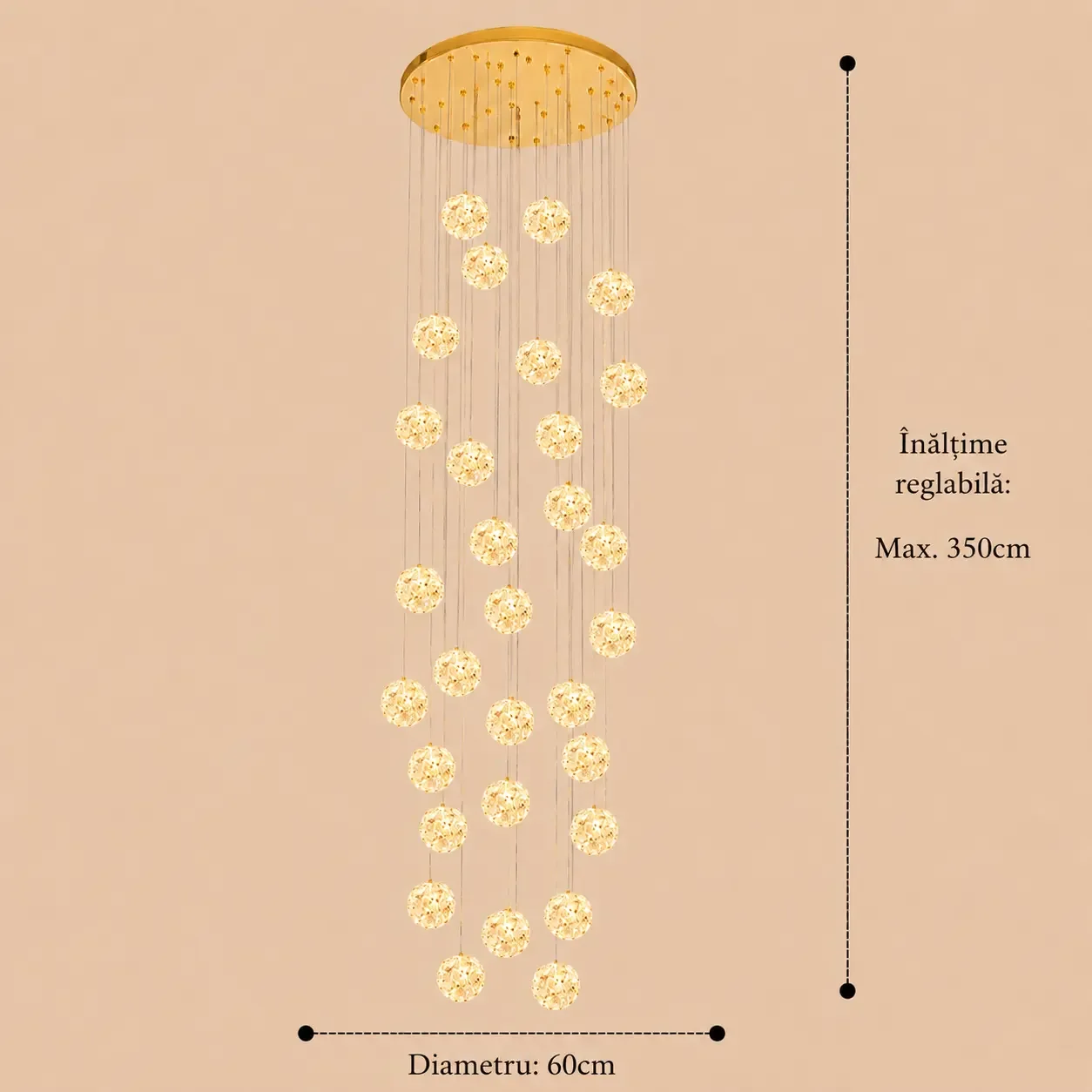 Celia-candelabru led auriu cu 30 bile de cristal