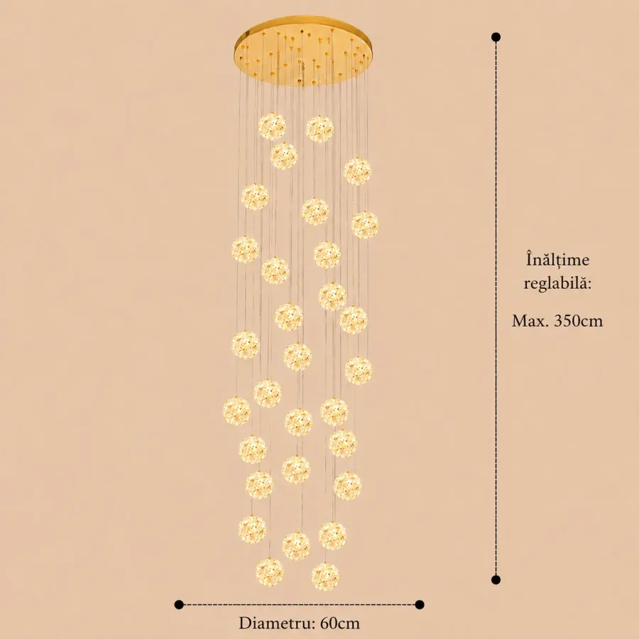 Celia-candelabru led auriu cu 30 bile de cristal