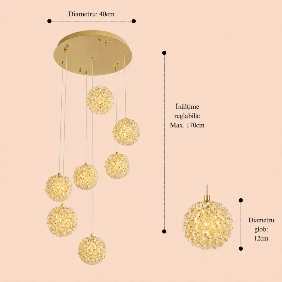 Celia-lustra led spirala 7 bile cu pietre de cristal