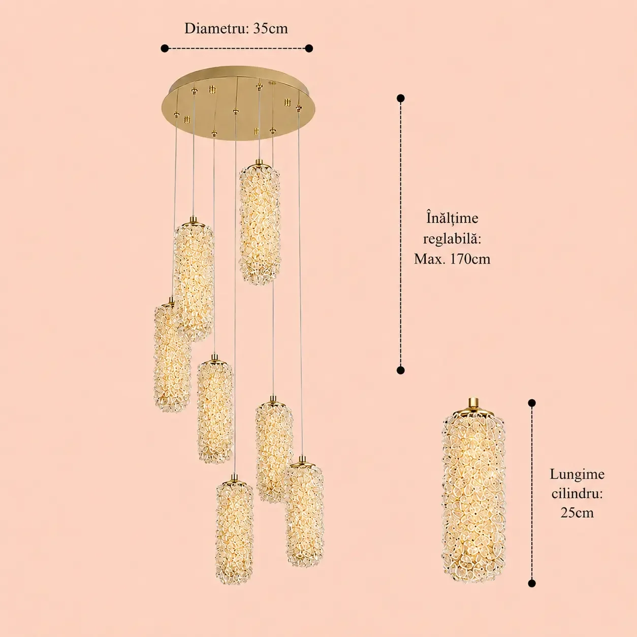 Celia-lustra led spirala 7 cilindri cu pietre de cristal