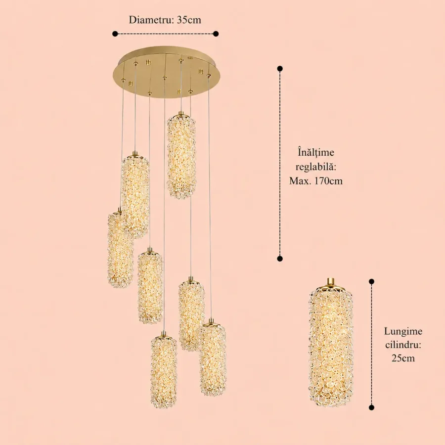 Celia-lustra led spirala 7 cilindri cu pietre de cristal