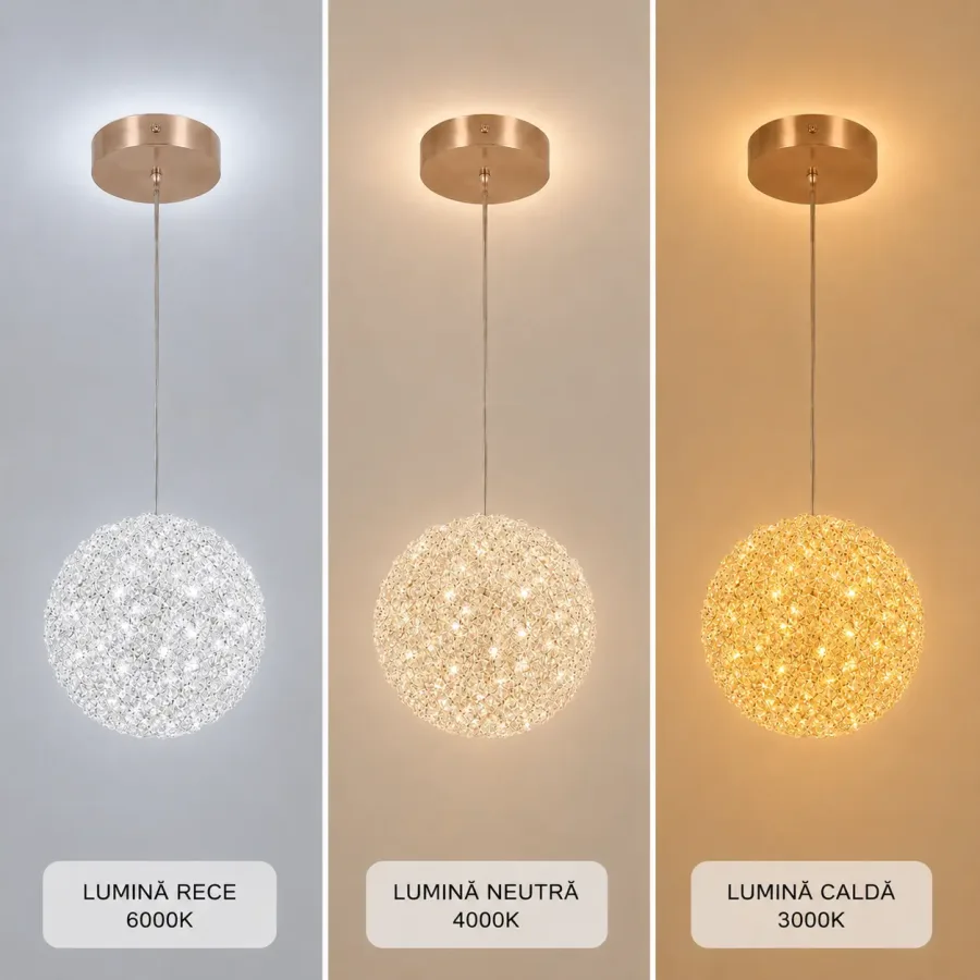 Celia-pendul led auriu Diam.15cm cu pietre de cristal