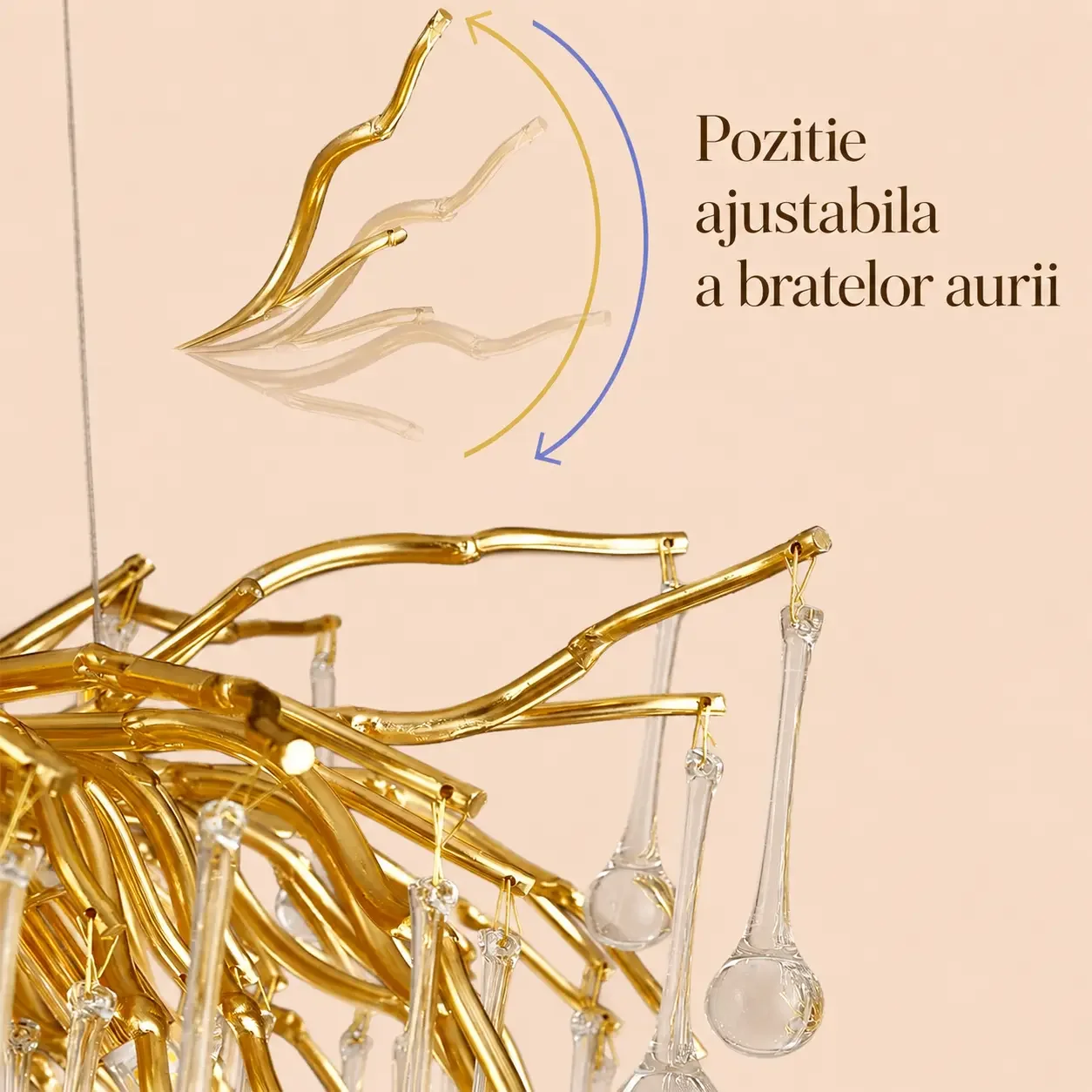 Lili-candelabru auriu Diam.80cm cu cristale lacrima