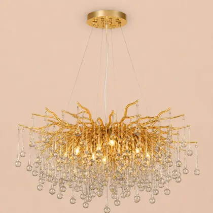 Lili-candelabru auriu Diam.80cm cu cristale lacrima
