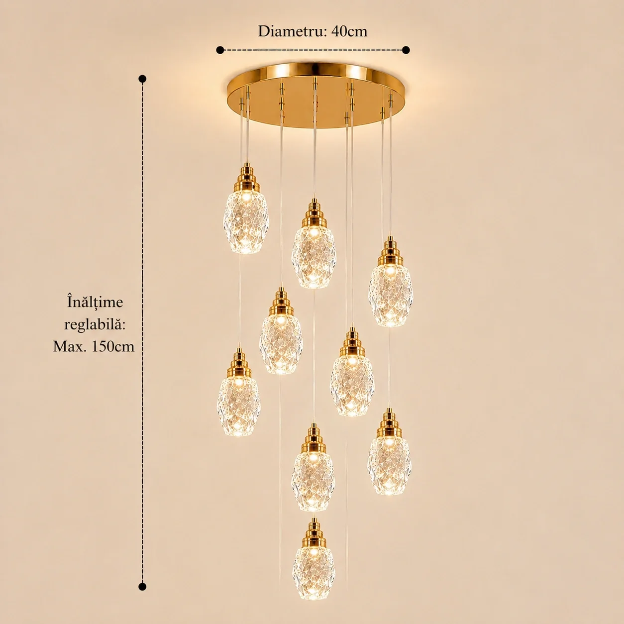 Luxoria-lustra led cu 9 pendule cristal tip diamant