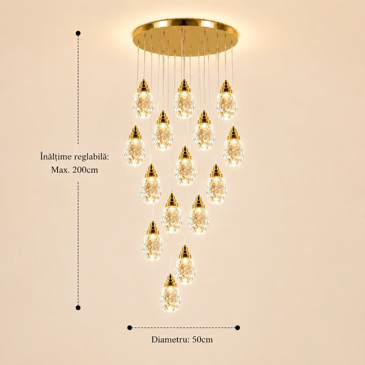 Luxoria-lustra led cu 15 pendule cristal tip diamant