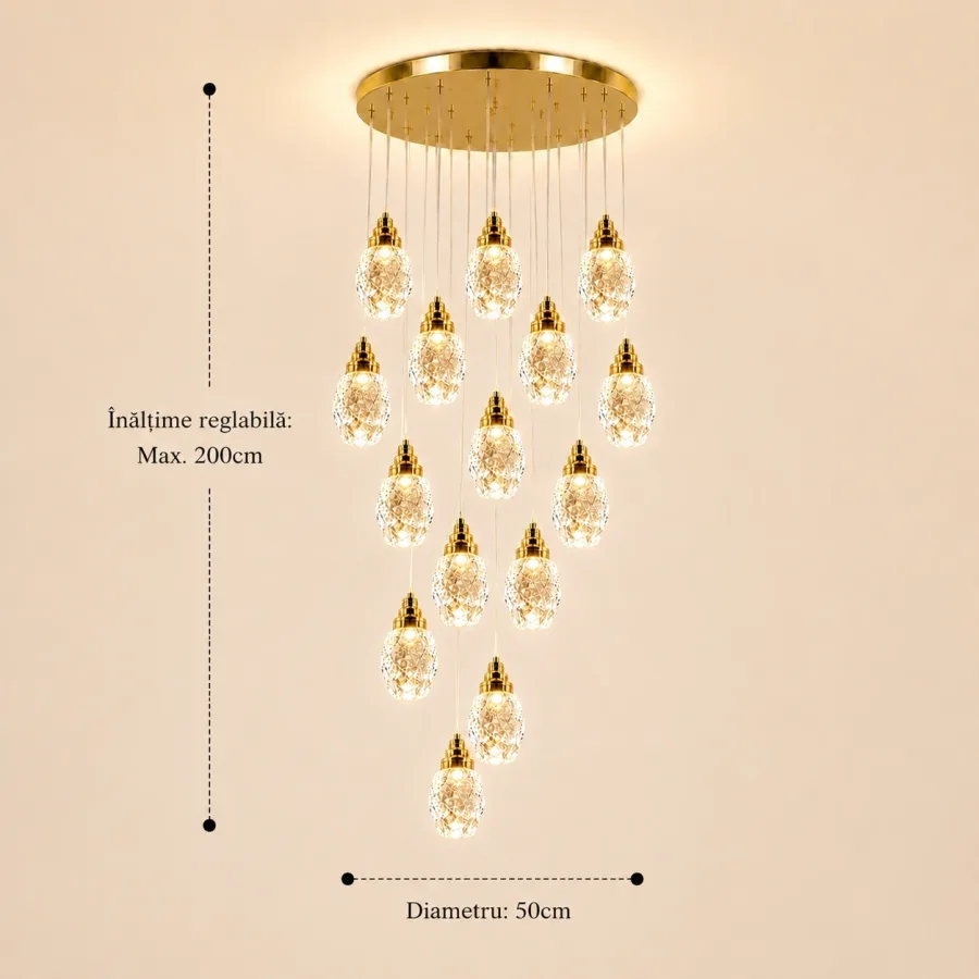Luxoria-lustra led cu 15 pendule cristal tip diamant