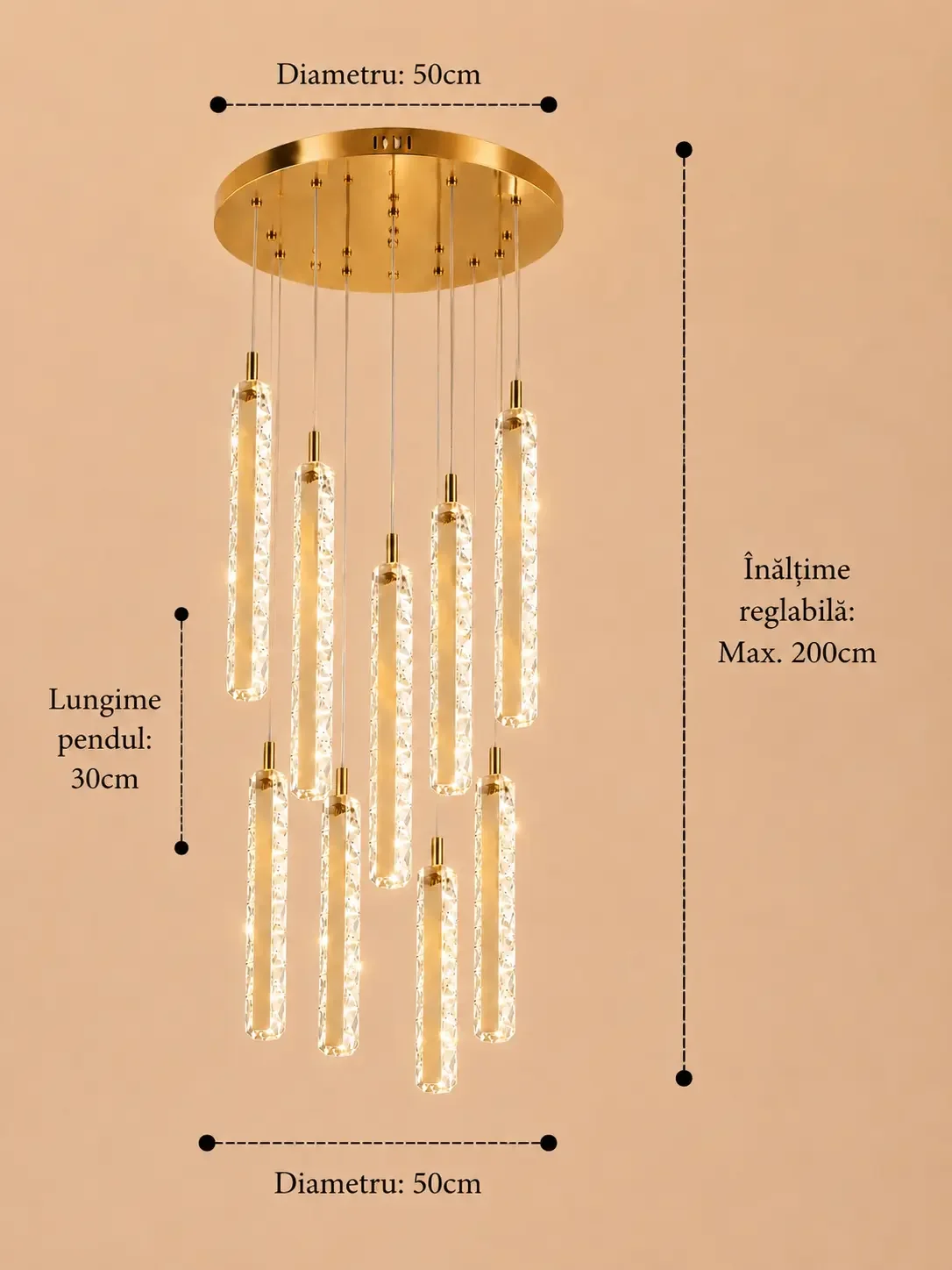 Solen-lustra led cu 9 pendule cristal si telecomanda