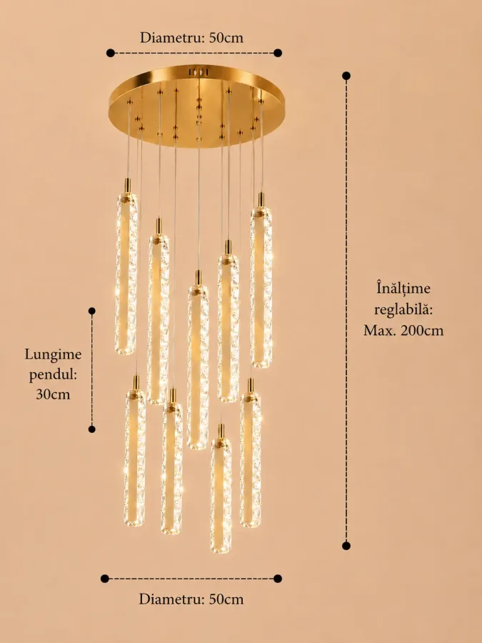 Solen-lustra led cu 9 pendule cristal si telecomanda